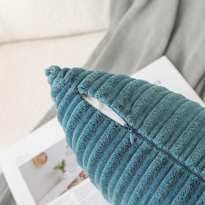 UGASA Velvet 12x20 Inch Lumbar Soft Throw Pillow Covers Decorative Corduroy Striped Both Sides Solid Rectangular Cushion Cases Boho Farmhouse for Couch Bedroom Sofa Home, Pack of 2, Blue Grey