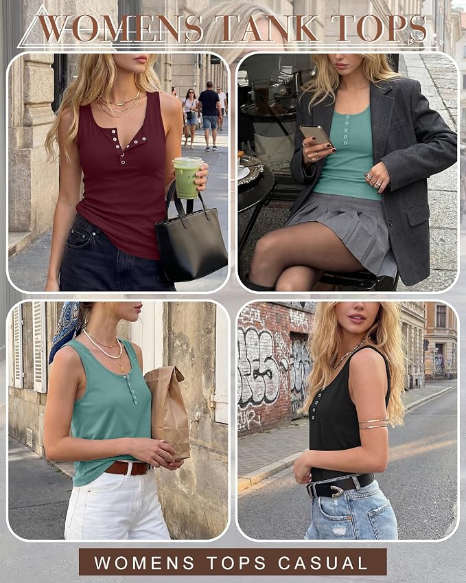 Ficerd 3 Pack Women's Henley Tank Tops Sleeveless Button Down Summer Shirts 2026 Casual Trendy Loose U Neck Tee Blouses