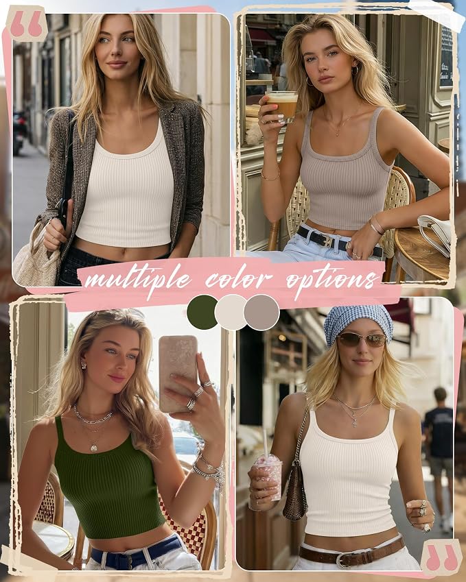 Ficerd 3 Pack Women's Tank Tops 95% Cotton Spaghetti Strap Ribbed Crop Camisole Slim Fitted Basic Summer Sleeveless Layer