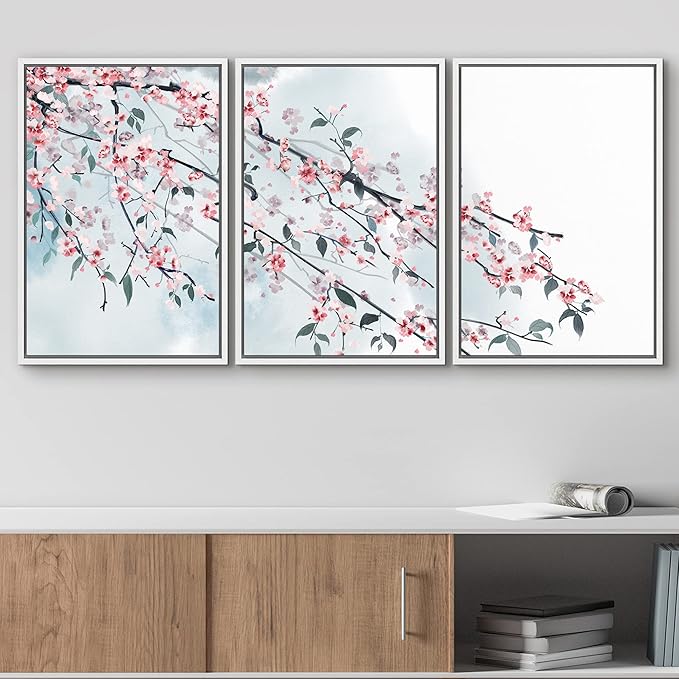 wall26 - 3 Panel Framed Canvas Wall Art - Ink Painting Style Pink Cherry Blossom on The Branch - Giclee Print Gallery Wrap Modern Home Art Ready to Hang - 24"x36"x3 White