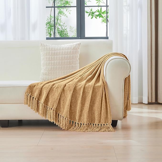 CozeCube Chenille Throw Blanket, Light Brown Fringe Blanket, 60"X80" | For Couch, Cozy Plush Fuzzy Decorative Blanket with Fringe Tassels, Lightweight Throws for Bed Sofa Gift Home Decor