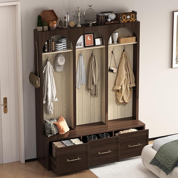 Bellemave Farmhouse Hall Tree with Bench and 3 Drawers, Entryway Bench with Coat Racks and Shoe Storage, 4 Hooks and Shelves (Walnut)