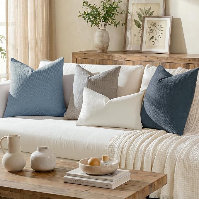 a moment Pack of 2 Decorative Chenille Throw Pillow Covers with Twill Cushion Covers for Sofa Living Room Couch Bed 26x26 Inch Coastal Blue