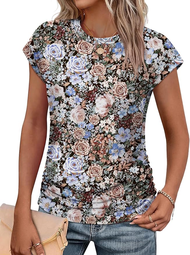 Sampeel Womens Summer Tops Trendy 2026 Ruched Cap Short Sleeve Tshirts Shirts Crew Neck T Shirts Fashion