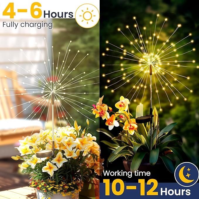 GIGALUMI Garden Decor Outdoor Lights 120LED 6Pack, Solar Garden Lights Outside Fairy Firework Decorative,Solar Powered for Yard Pathway Flowerbed Planter Balcony Patio, Gifts for mom (Warm White
