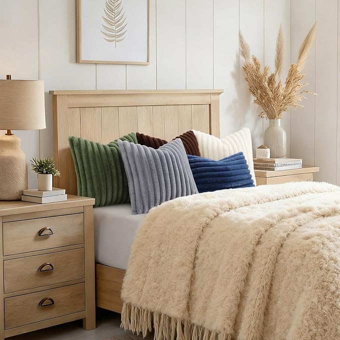 decorUhome Fall Faux Fur Throw Pillow Covers 12x20 Set of 2 Grey | Decorative Soft Cozy Striped Plush Modern Farmhouse Boho Couch Pillow Cases Velvet Back for Sofa Bed Living Room Home Decor