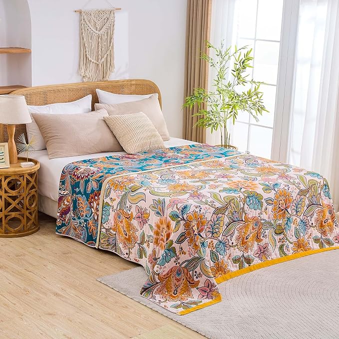 XIBLC Boho Throw Blanket for Bed, 100% Cotton Soft Rustic Quilt Fall Blanket, 90"x98" Floral Printed Farmhouse Decor Bed Blankets, All Season Rustic Reversible Bohemian Throw Quilt