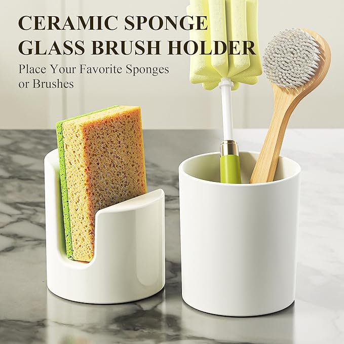 Cisily Gold Kitchen Soap Dispenser Set with Ceramics Sponge Holder and Brush Holder, Gold Pumps, and Instant Dry Tray, Hand and Dish Soap Dispenser Set Suitable for Kitchen Decor and Accessories