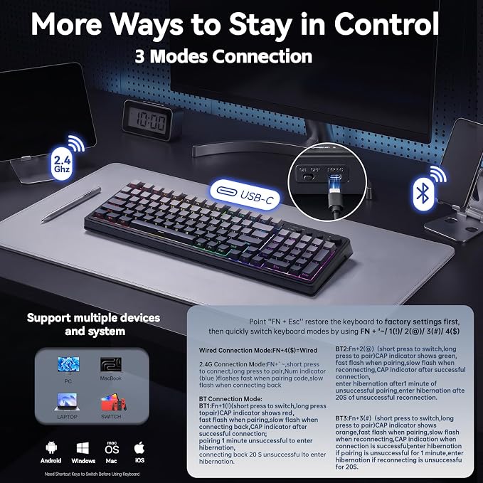 AULA Keyboard Gaming Wireless Creamy Computer Keyboards with Number Pad | Side-printed Light Transmission Letters Keyboard,99 Keys,RGB Backlit,Tri-Mode BT/2.4GHz/USB-C Connection,Gradient Grey
