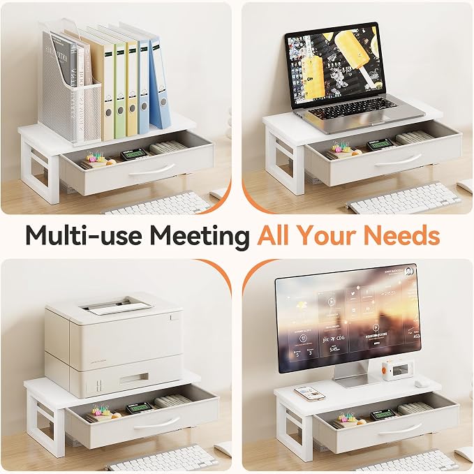 Desk Organizers and Accessories, Computer Monitor Stand Riser with Drawer, White Laptop Stand for Desk with Storage, Office Organization, Wood