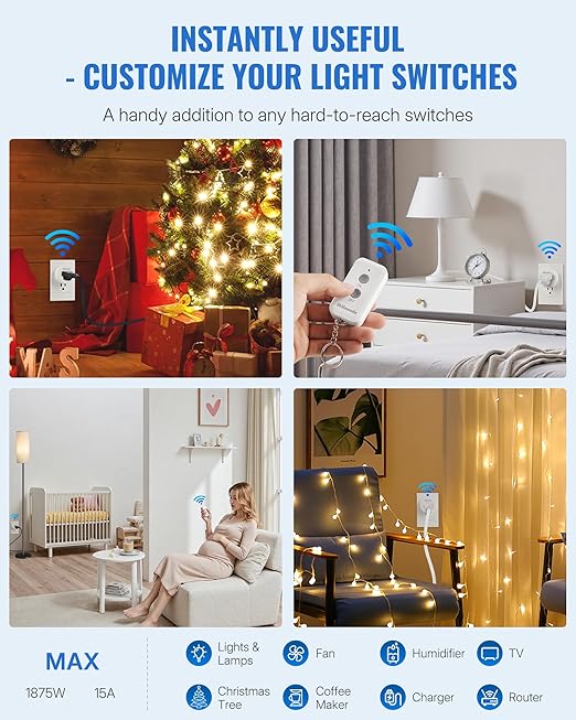 Remote Control Outlet Plug, WILAWELS Wireless Remote On Off Switch for Outlet, Remote Light Switch for Lamp, Light, Programmable, 100ft RF Range, 15A/1875W, Battery Included, FCC Listed W11RC1106