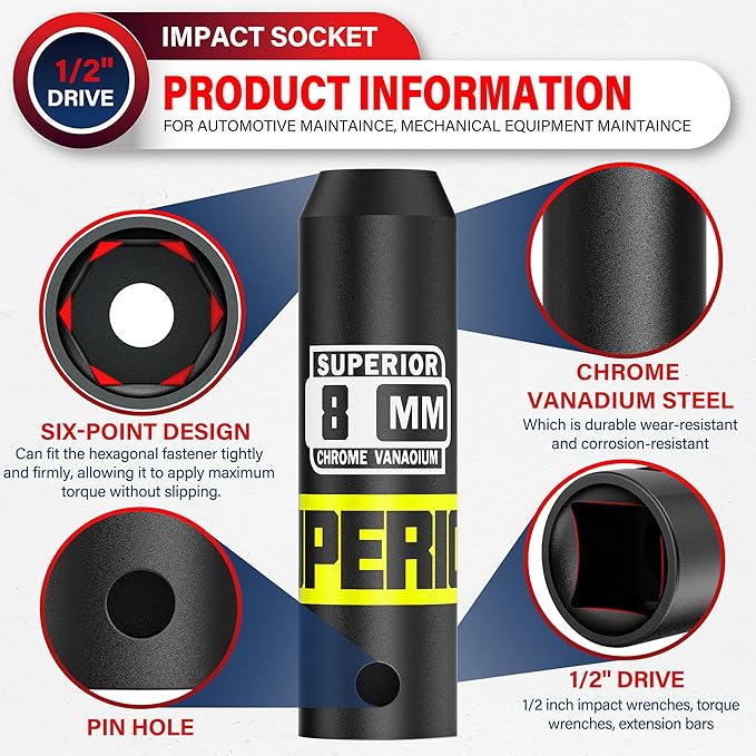 1/2" Drive Impact Socket, 8 mm Deep Socket, Metric, 6 Point, CR-V, for Automotive Maintaince, Mechanical Equipment Maintaince