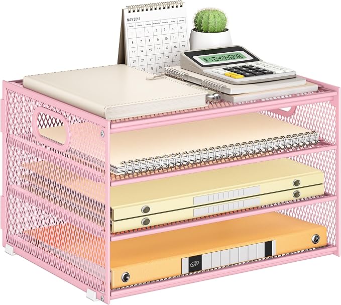 Subekyu Paper Letter Tray Organizer for Desk, Pink Metal Mesh Desk File Sorter Organizer with Handle and 2 Sliding Trays for Home Office School Supplies Organization