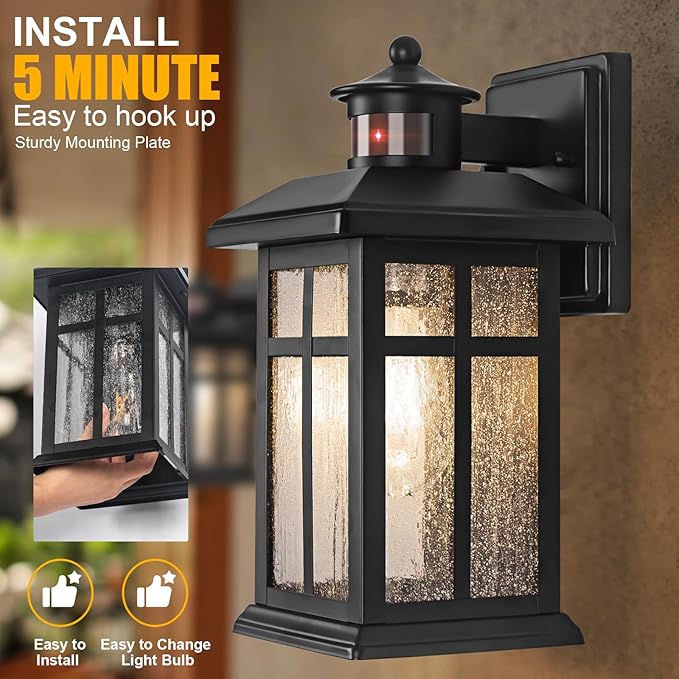 Outdoor Wall Light Motion Sensor - Updated Dusk to Dawn Outdoor Lighting, Exterior Light Fixture, Black Porch Lights & Outdoor Light for House Garage Entryway