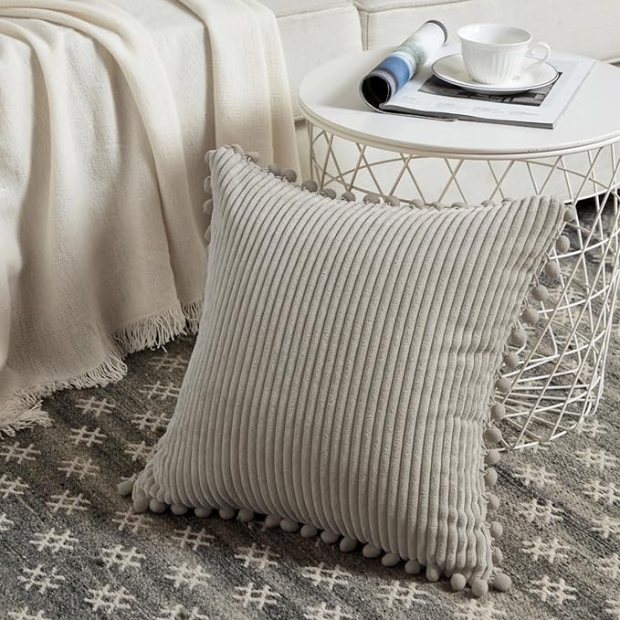 Fancy Homi 22x22 Pillow Covers, Pack of 2 Neutral Taupe Throw Pillow Covers with Pom-poms, Super Soft Corduroy Square Solid Cushion Cover for Couch Sofa Bedroom Living Room 55x55 cm