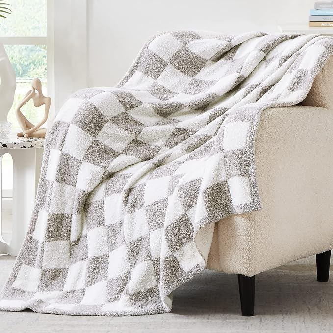 Soft Checkered Throw Blanket for Couch-Cozy Warm Knitted Blankets | Lightweight Warm Fluffy Decor for Women, Mom, Her & Girls, Sofa, Chair, Bed, 50x70in,Light Grey