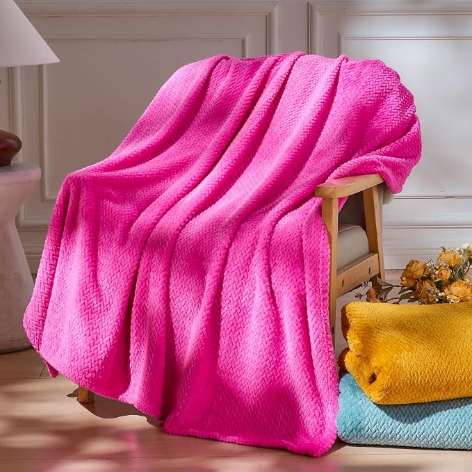 NEWCOSPLAY Fleece Leaves Pattern Queen Blanket, Hot Pink, 90"x90" | Super Soft Throw Blanket, Lightweight Cozy Bed Sofa Blanket, Premium Silky Flannel Fleece, Travel Blanket for All Season Use