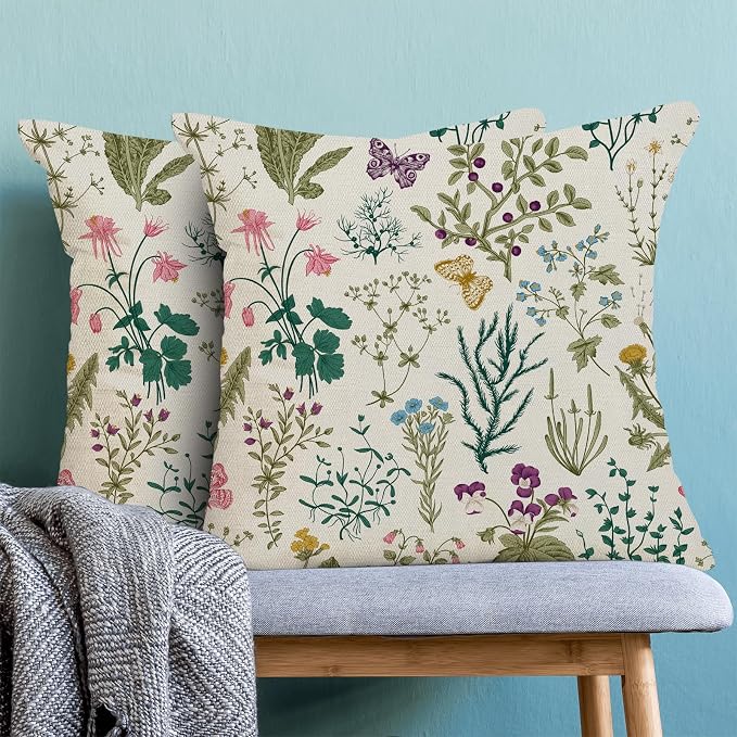 AEIOAE Spring Pillow Covers 18x18 Inch Set of 2,Sage Green Teal Wild Flower Plant Throw Pillows Case,Seasonal Floral Outdoor Decorative Linen Farmhouse Decor Cushion Covers for Home Sofa Bed Couch