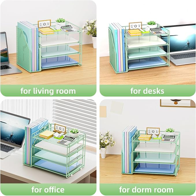 Marbrasse 4-Tier Paper Tray Organizer with File Holder, Green | Sturdy Paper Tray, Built-in File Holder, fits Letters/Docs, Saves Desk Space, for School/Office/Home