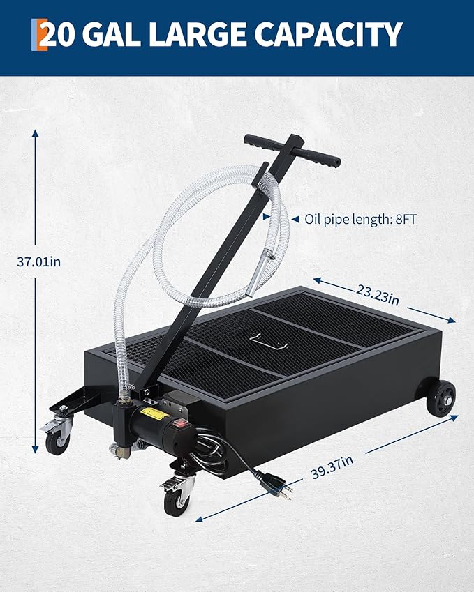 GarveeTech Low Profile Oil Drain Pan 110V, 20-Gallon Metal Oil Change Pan Cart with 180W Electric Pump, 8FT Hose & Folding Handle for Cars, SUVs, Trucks, Buses, RVs, Black