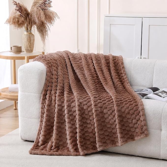 Light Brown Fleece Throw Blanket 60”×80” for Couch Sofa Bed Super Soft Cozy Plush Microfiber Flannel Blanket with 3D Jacquard Decorative Lightweight for Mom Woman