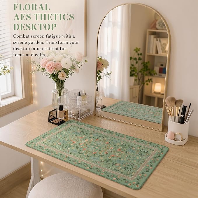 iCasso Aesthetic Flower Mouse Pad,23.6x13.7in Desk Pad, Light Green | Desk Matt for Desktop, Anti-Slip Mousepad with Stitched Edges for Laptop Computer Keyboard