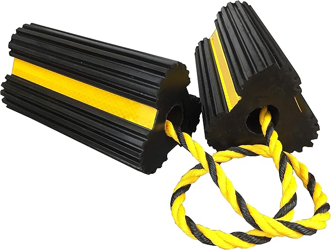 HOXWELL Heavy Duty Rubber Dual Wheel Chocks, RV Non Slip Wheel Stoppers with Nylon Rope Yellow Reflective Tape, Wheel Block for Travel Trailers, Aircraft, Car, Camper, Truck 1 Pair