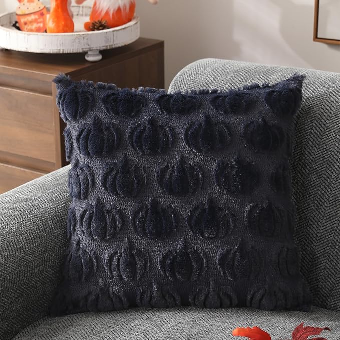 DFXSZ Fall Pillow Covers 16x16 2Pcs Navy Blue Pumpkin Fall Decorations | Fall decor Set of 2 Throw Pillow Cases Soft Plush Faux Fur Wool Couch Cushion for Chair Sofa Bedroom Living Room Home Decor