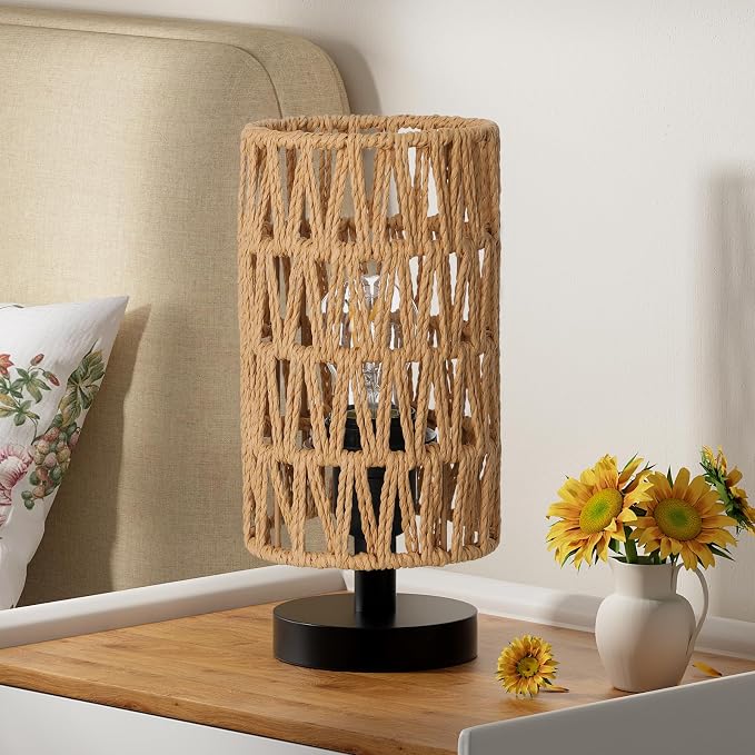 Fenmzee Table Lamps (Rattan Rope Shade - Black Base, 9" Inline Control) | 3000K LED Blub Included | 680 Lumens | Easy Assembly | Minimalist Design | E26 | for Kitchen | for Kids Room