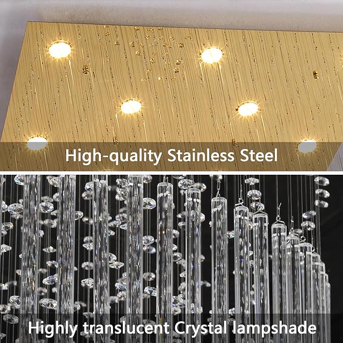 W47 x H120 Luxury Crystal Chandelier with LED Bulbs Glam Raindrop High Ceiling Square Light Chandeliers for Entrance Large Villa Foyer Living Room Lighting Fixtures Gold