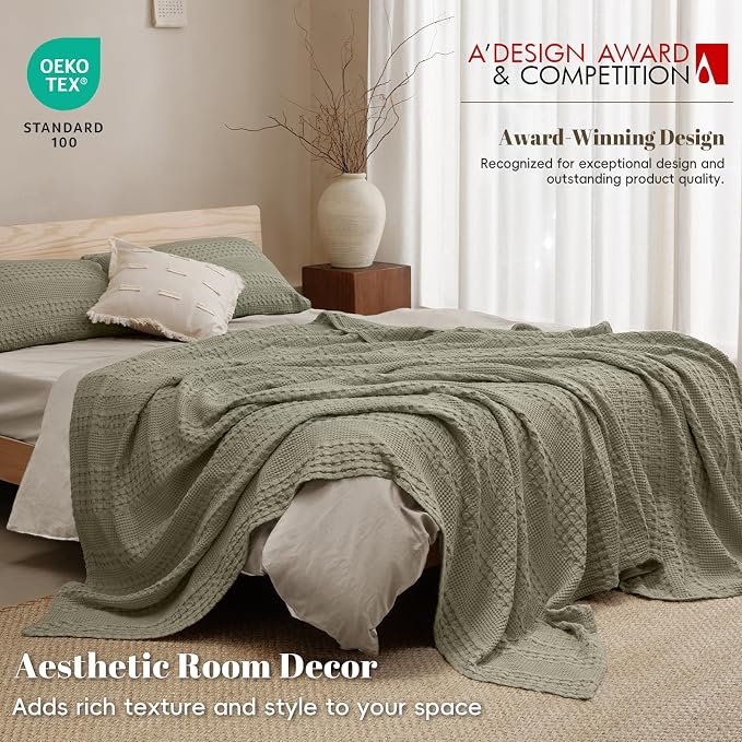 PHF 100% Cotton Waffle Weave Blanket King Size, Lightweight Breathable Summer Blanket for Hot Sleepers, Pre-Washed Soft Layer for Bed, Couch, Home Decor Gift, 108"x90", Dusty Sage