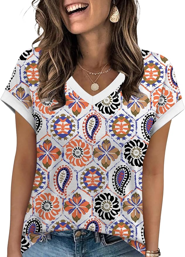 WIHOLL Womens Summer Tops 2026 Cap Short Sleeve Shirs V Neck T Shirts Fashion Beach Vacation Clothes Color Block
