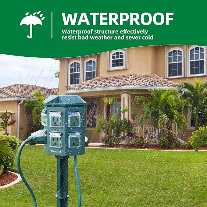 Outdoor Power Stake Timer, Remote Control Dusk to Dawn Light Timer, 90FT Extension Cord Waterproof, 6 Grounded Outlets for Graden and Yard Decorations, ETL Listed