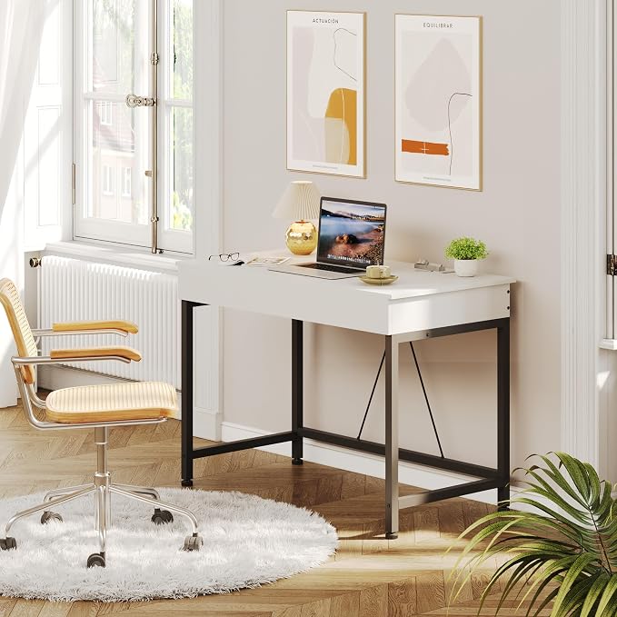 Mexin Small White Desk with 2 Wooden Drawers, 40 Inch Home Office Writing Desk, White Vanity Desk with Storage, Computer Desk for Bedroom Small Spaces, Table for Office, Work, Kids Study, Makeup