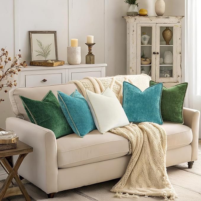 decorUhome Soft Chenille Throw Pillow Covers 20x20 Set of 2 Turquoise | Fall Textured Decorative Throw Pillow Cases Stitched Edge Modern Farmhouse Luxury Boho Velvet for Couch Sofa Bed Home Decor