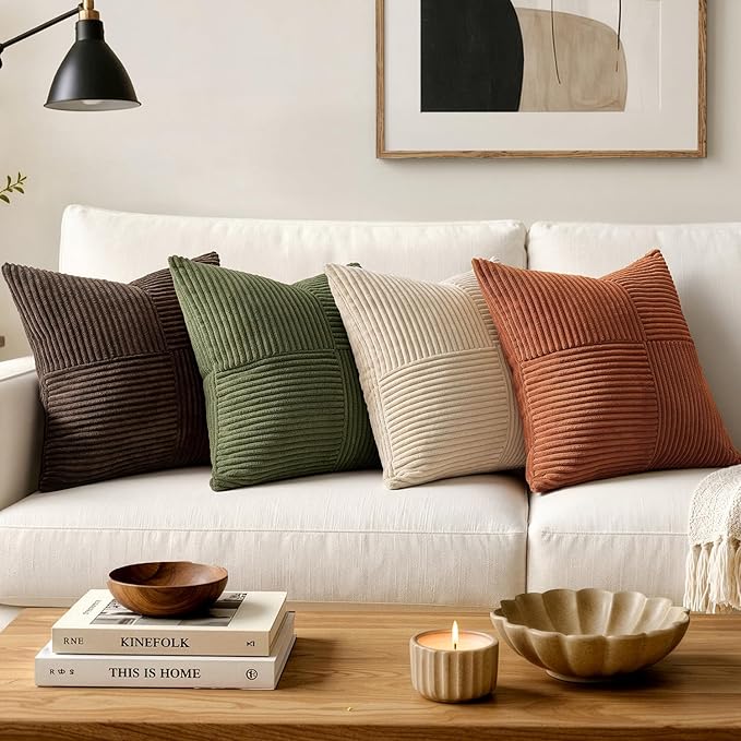 MIULEE Olive Green Decorative Throw Pillow Covers for Couch 20x20 Inch | 2 Pack, Boho Farmhouse Pillow Covers, Soft Cross Corduroy Patchwork Textured Cushion Cases For Bed Sofa