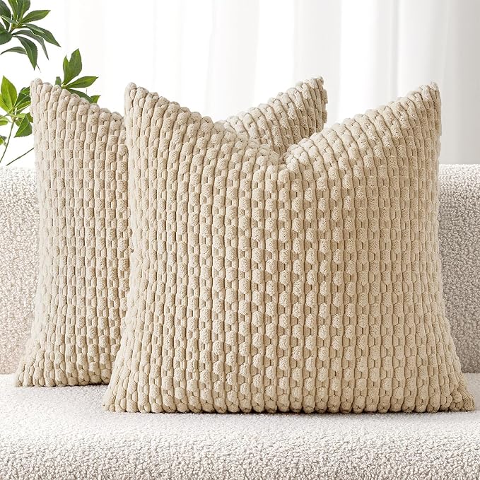 MIULEE Decorative Throw Pillow Covers 16x16 Beige Textured Corduroy | Pack of 2 Striped Pillow Covers Modern Farmhouse Home Decor for Couch Bed Sofa Living Room