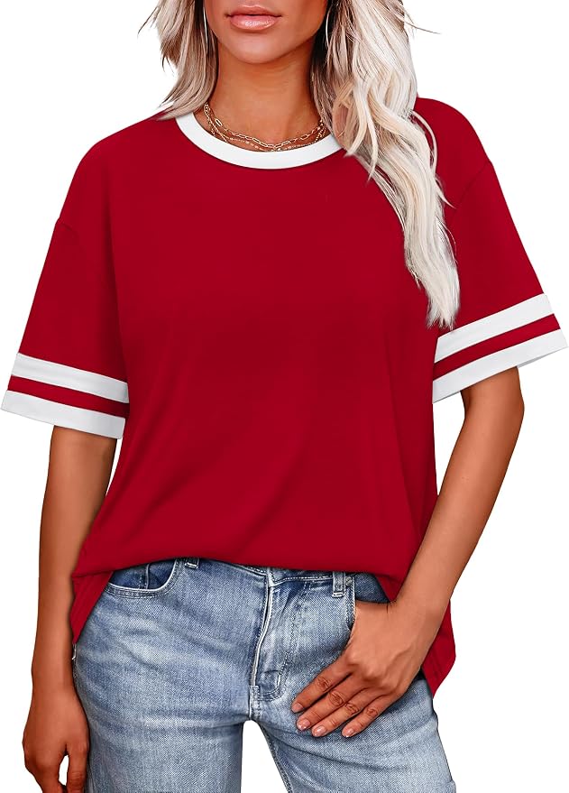 WIHOLL Womens T Shirts Loose Fit Short Sleeve Tees Crew Neck Color Block Summer Tops 2026 Fashion
