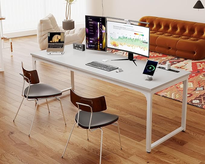 Coleshome 71 Inch Computer Desk with USB Ports, Large Office Desk, Long Study Student Writing Desk, White | Extra-long workspace • Fits dual monitors • Stable steel frame • Spacious legroom • Home office & gaming