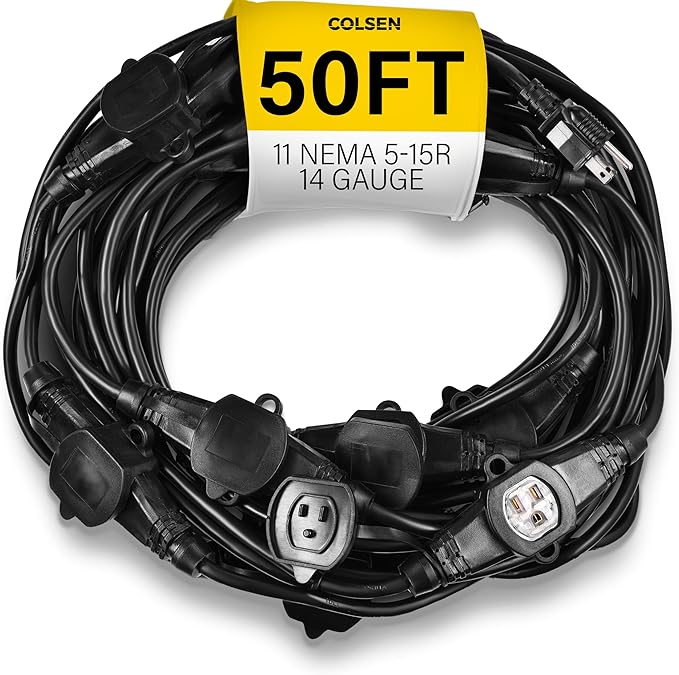 COLSEN Extension Cord with Multiple Outlets – 50 ft Heavy Duty 16 Gauge Power SJTW Cable, 15 Amp 3 Prong 11 NEMA Multi Plug, 14 AWG Male to Female Connector, 5-15R Female Socket, Outdoor/Indoor Black