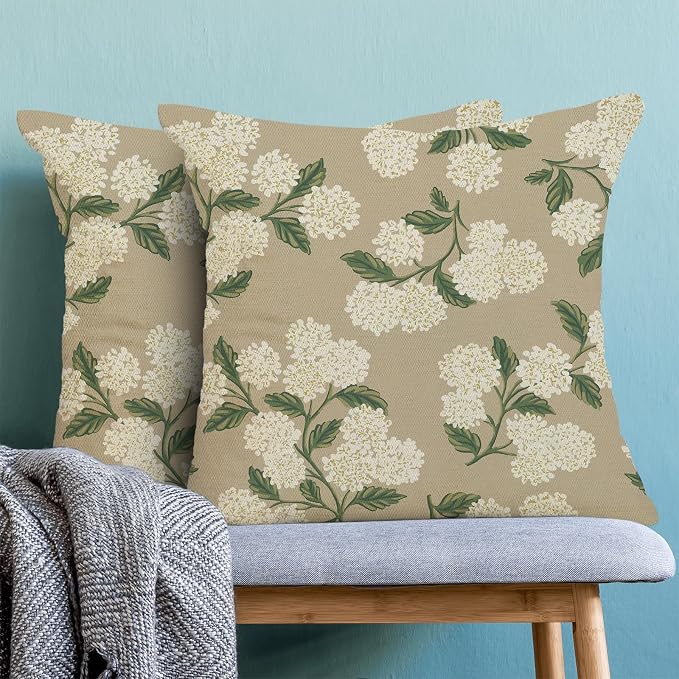 AEIOAE Spring Pillow Covers 16x16 Inch Set of 2, Beige Green Hydrangea Flower Throw Pillows Case,Floral Summer Outdoor Seasonal Decorative Farmhouse Decor Cushion Covers for Home Sofa Bed Couch