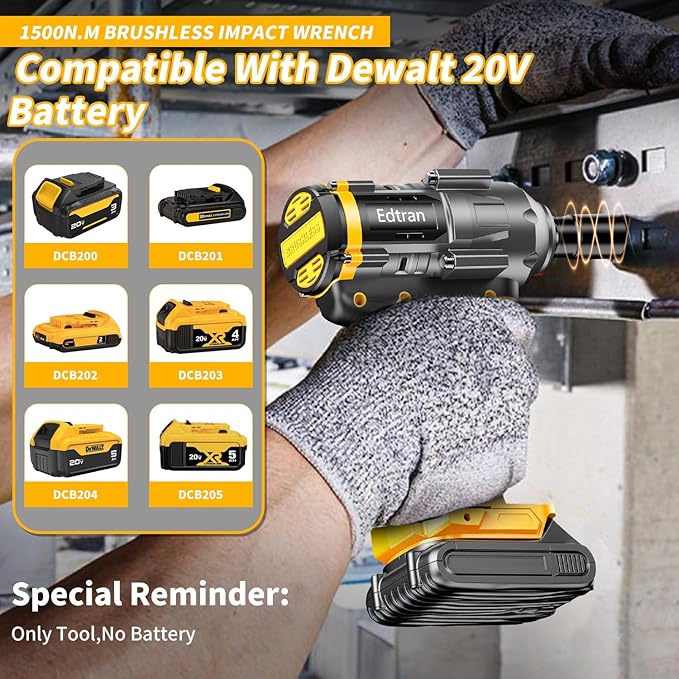 Cordless Impact Wrench 1/2 For Dewalt 20V Battery,1500Nm/1106FT-LBS Brushless Impact Driver,4-Speed Impact Drill Gun Tool 2100 RPM High Torque With 5 Sockets for Automotive/Motorcycle Repair