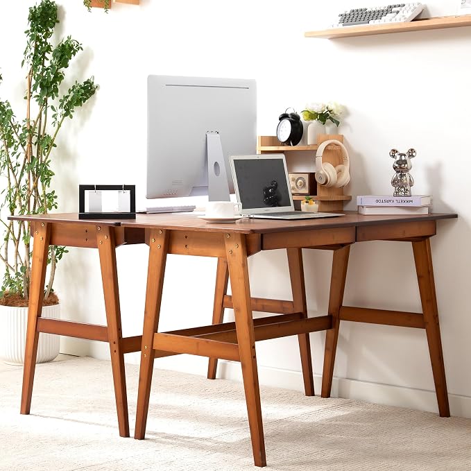 Nnewvante 46" Bamboo Writing Desk with Drawers for Home Office, Brown | Work Study Laptop Table, Computer Desk with Storage for Bedroom, Modern Simple Style