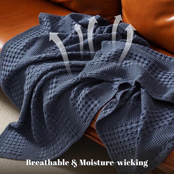 PHF 100% Cotton Waffle Weave Blanket King Size, Lightweight Breathable Summer Blanket for Hot Sleepers, Pre-Washed Soft Layer for Bed, Couch, Home Decor Gift, 108"x90", Indigo