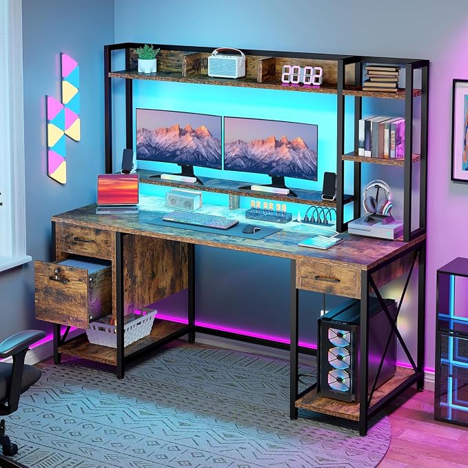 DWVO Computer Desk with Drawers & Hutch, 59.1" Office Desk with Power Outlets & LED Lights, Home Office Desk with Storage Shelves, Rustic Brown | Built-In Power Outlets, Led Lights, Hutch Shelves, Storage Drawers, for Home Office Work Study, Easy Assembly
