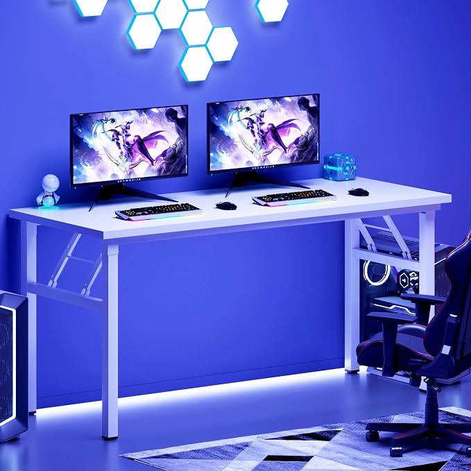 Need Office Computer Desk 54.3 Inch Sturdy Folding Laptop Table White | White Frame Writing Gaming Work Table/Foldable Home Office Desk/Sewing Table, No Assembly Required