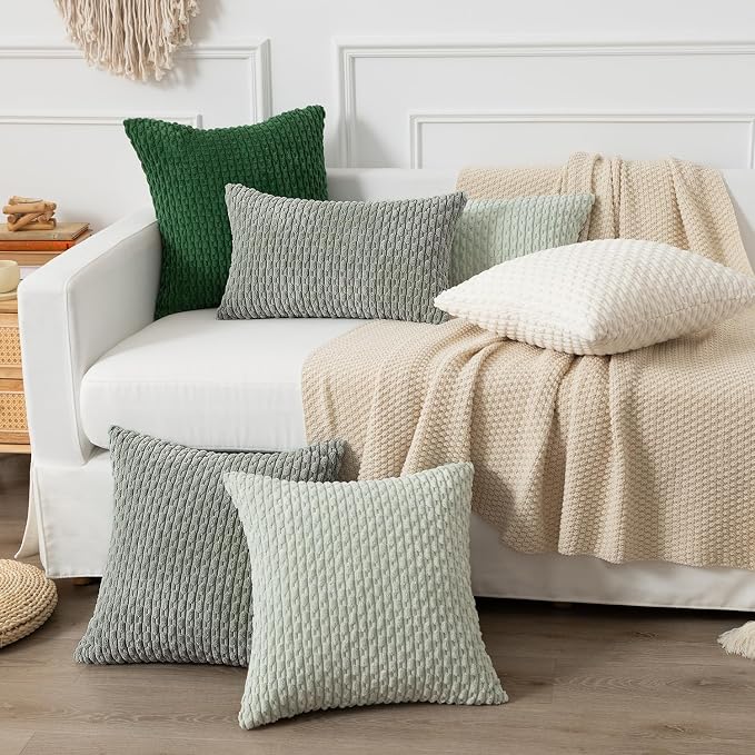 Kevin Textile Soft Corduroy 12"x20" Lumbar Pillow Cover 1 Pack, Grey Green | Boho Stripe Plush Corduroy Decorative Oblong Cushion Cover Modern Farmhouse Home Decor for Sofa Couch Bed Chair