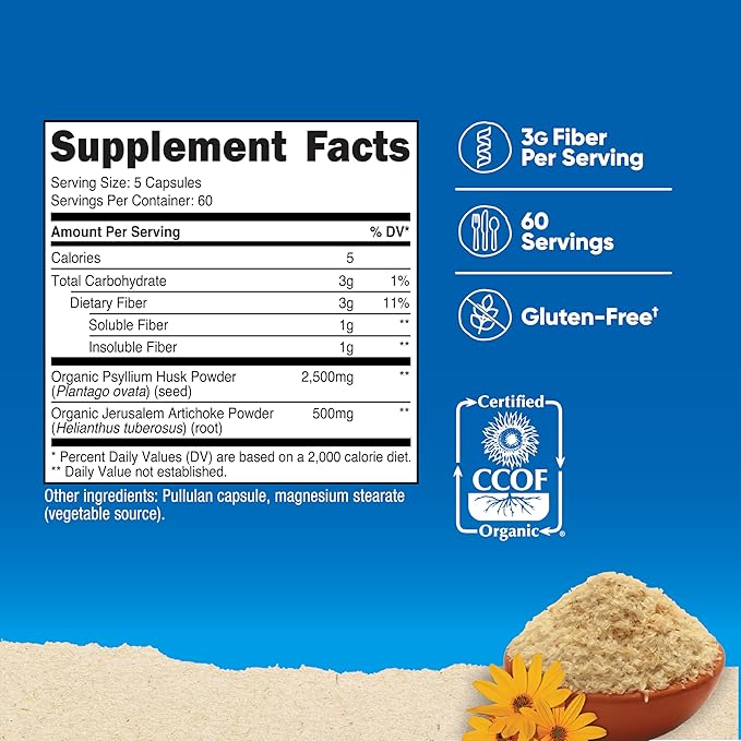 Nutricost Fiber Capsules with Prebiotic Fiber Supplement 300 Capsules - Made with Organic Psyllium Husk & Organic Jerusalem Artichoke, 60 Servings, Gluten Free, 3 G Per Serving