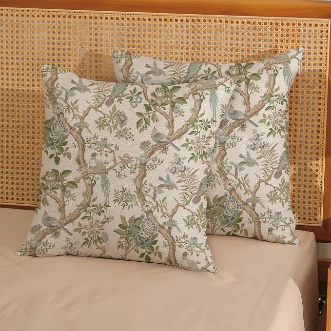 Green Floral Bird Pillow Covers 24x24 Set of 2 Chinoiserie Throw Pillows Green Vintage Flowers Bird Decorative Pillow Cases Outdoor Chinoiserie Decor Farmhouse Cushion Case for Couch Sofa