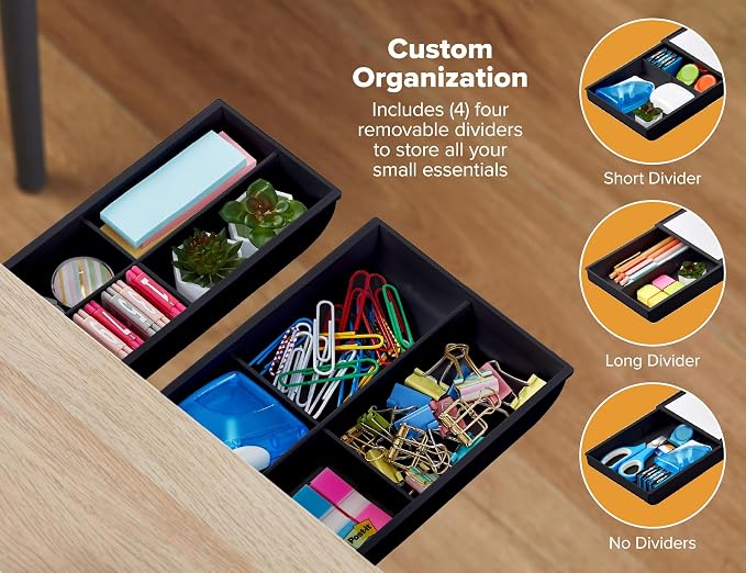 Bostitch Konnect Under Desk Drawer, Self-Adhesive Slide Out Storage Organizer with 4 Customizable Dividers, 2-Pack